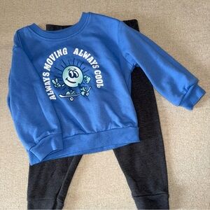 Blue 18M Kid's Sweatshirt with Grey Sweatpants Set Playful Skate Graphic